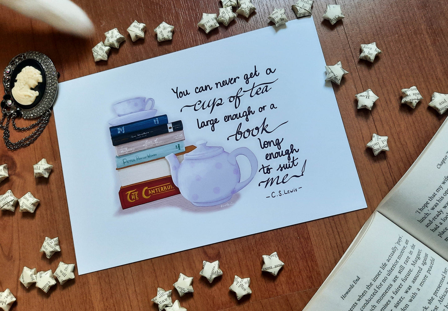 Books and Tea - C.S.Lewis quote and books art print