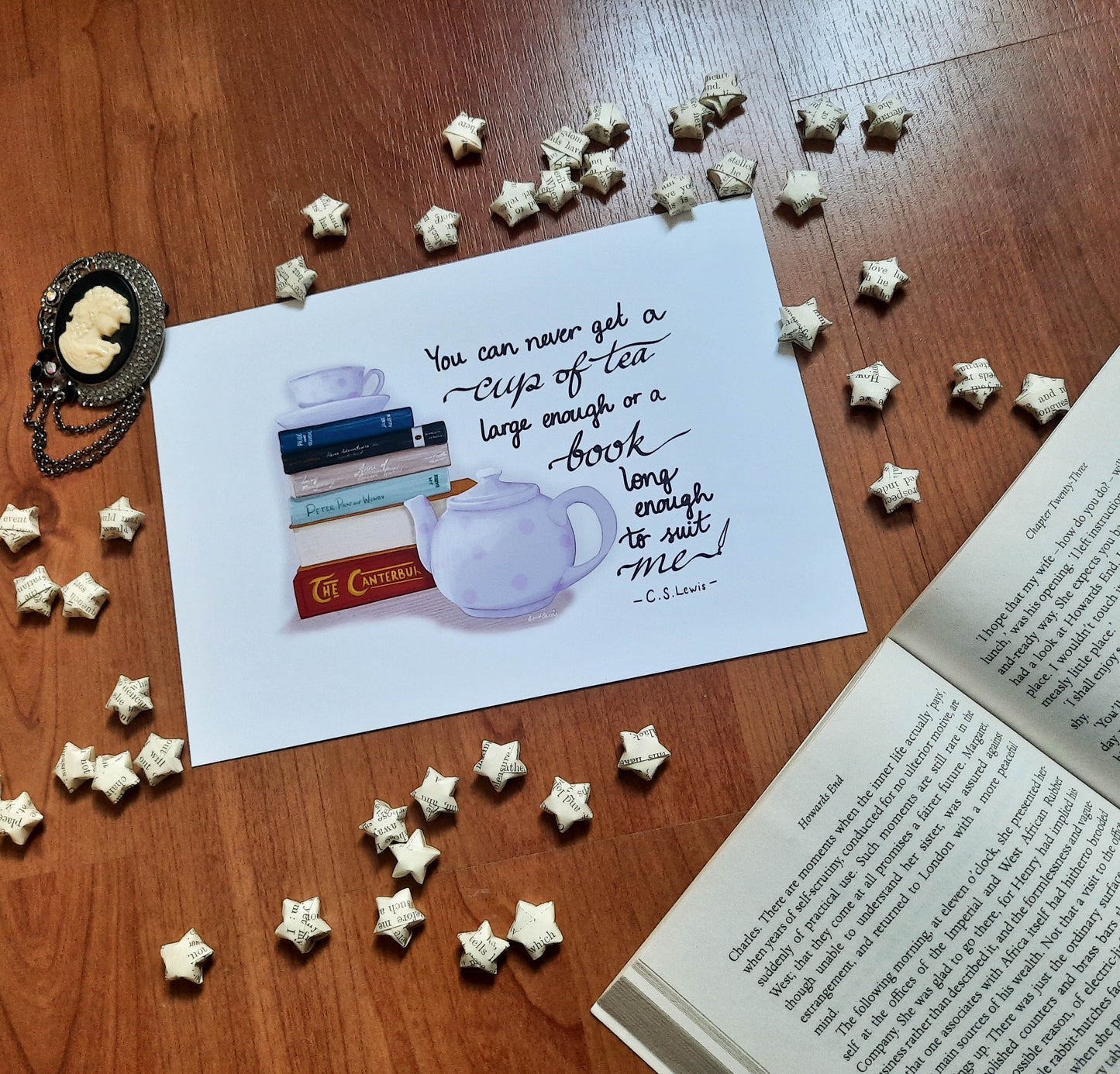 Books and Tea - C.S.Lewis quote and books art print