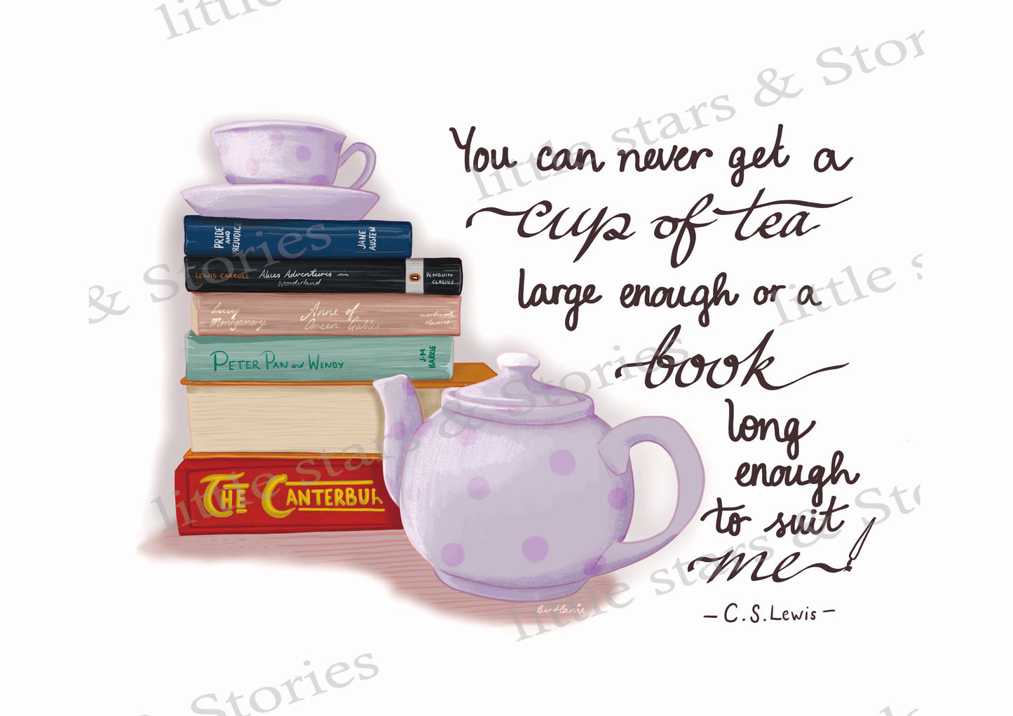 Books and Tea - C.S.Lewis quote and books art print