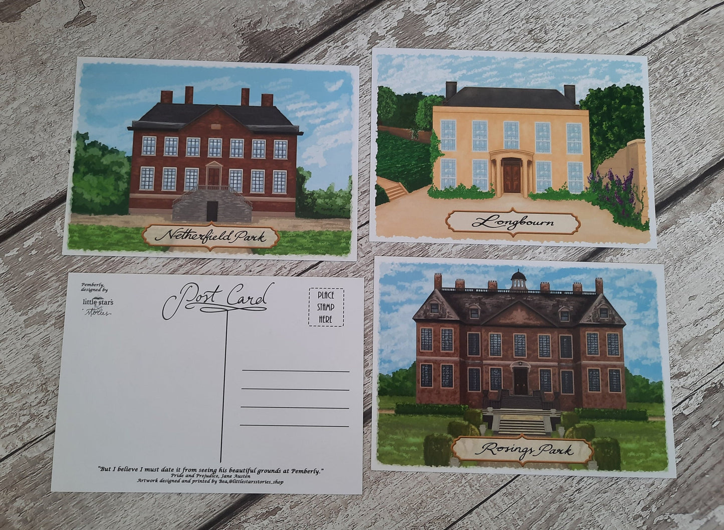 Houses of Pride and Prejudice - Postcard Set - Set of four illustrated Jane Austen postcards