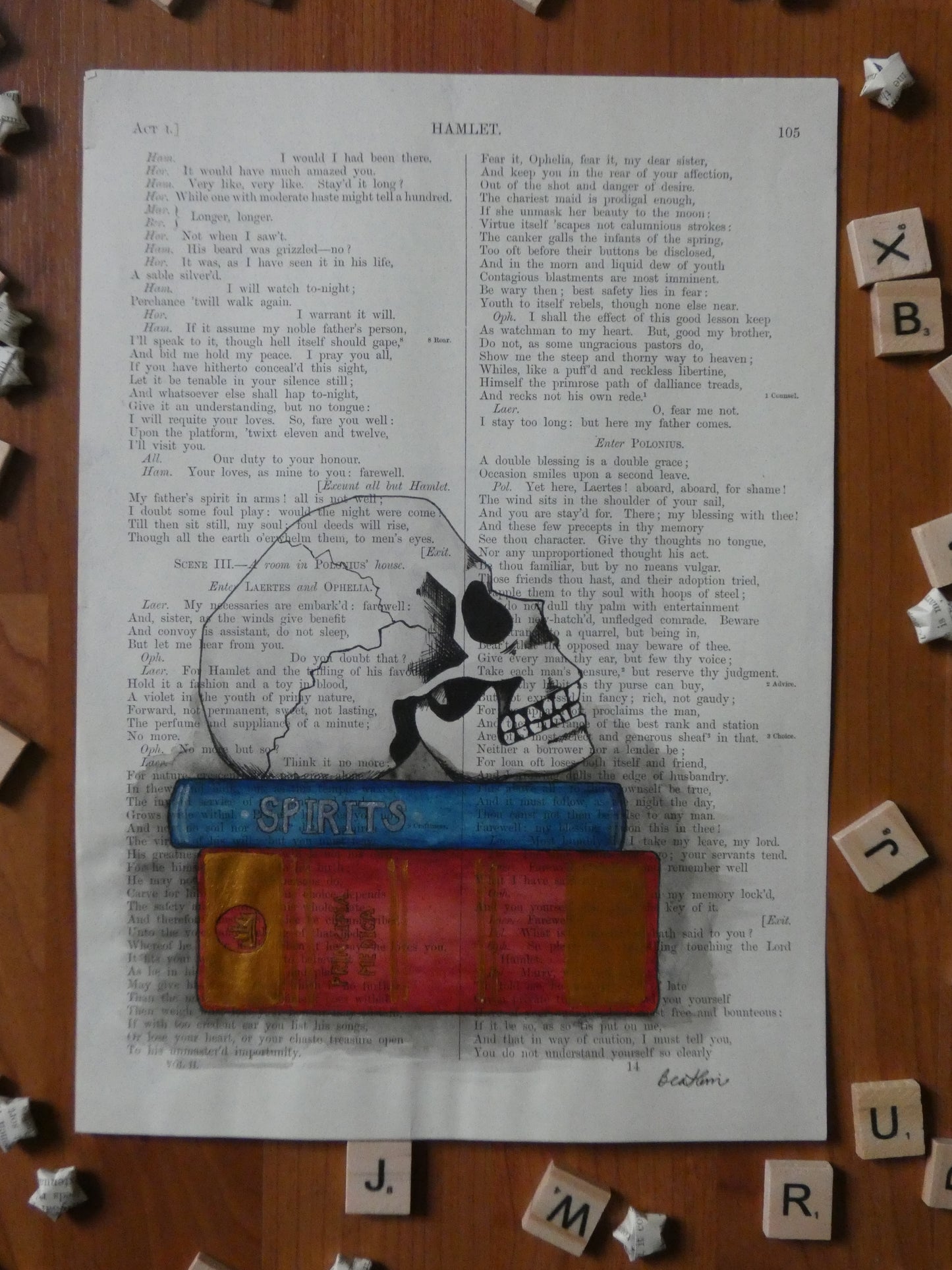 "A Learned Ghost" on Hamlet - upcycled book page art