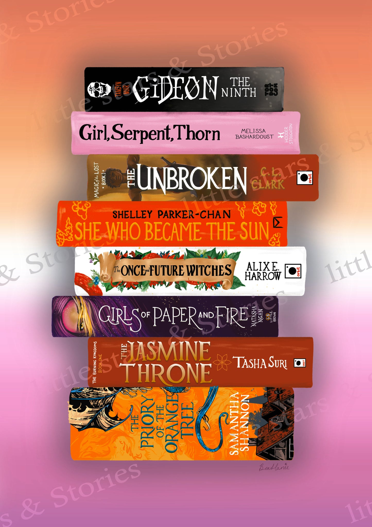 Sapphic Fantasy Bookstack - Book spine art print