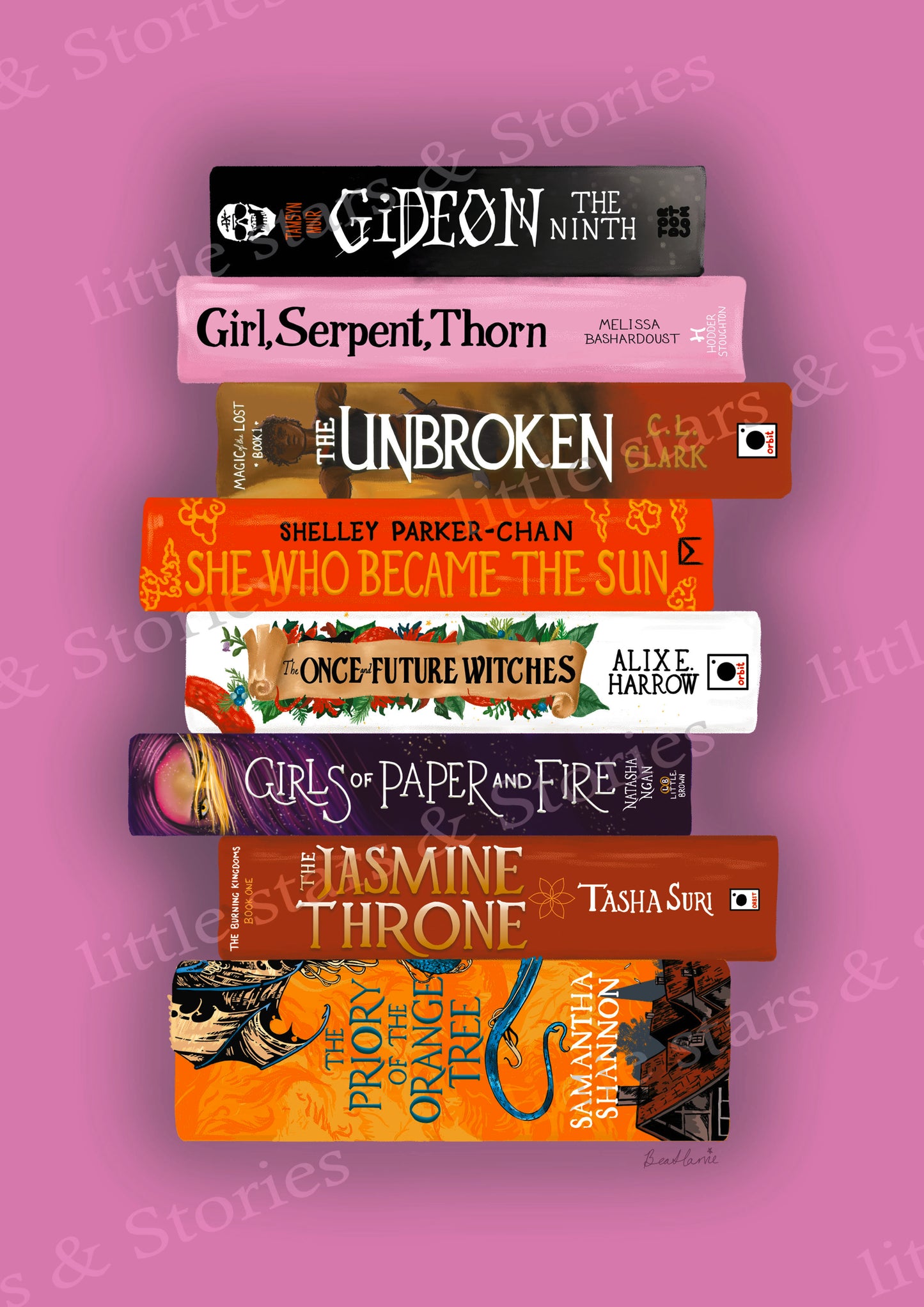 Sapphic Fantasy Bookstack - Book spine art print