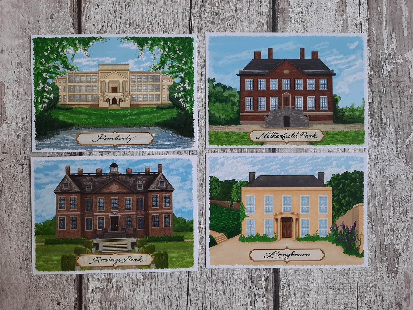 Houses of Pride and Prejudice - Postcard Set - Set of four illustrated Jane Austen postcards